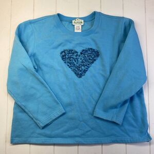 The Quaker Factory Womens Teal Sweatshirt Long Sleeves Heart Turquoise XL Beaded